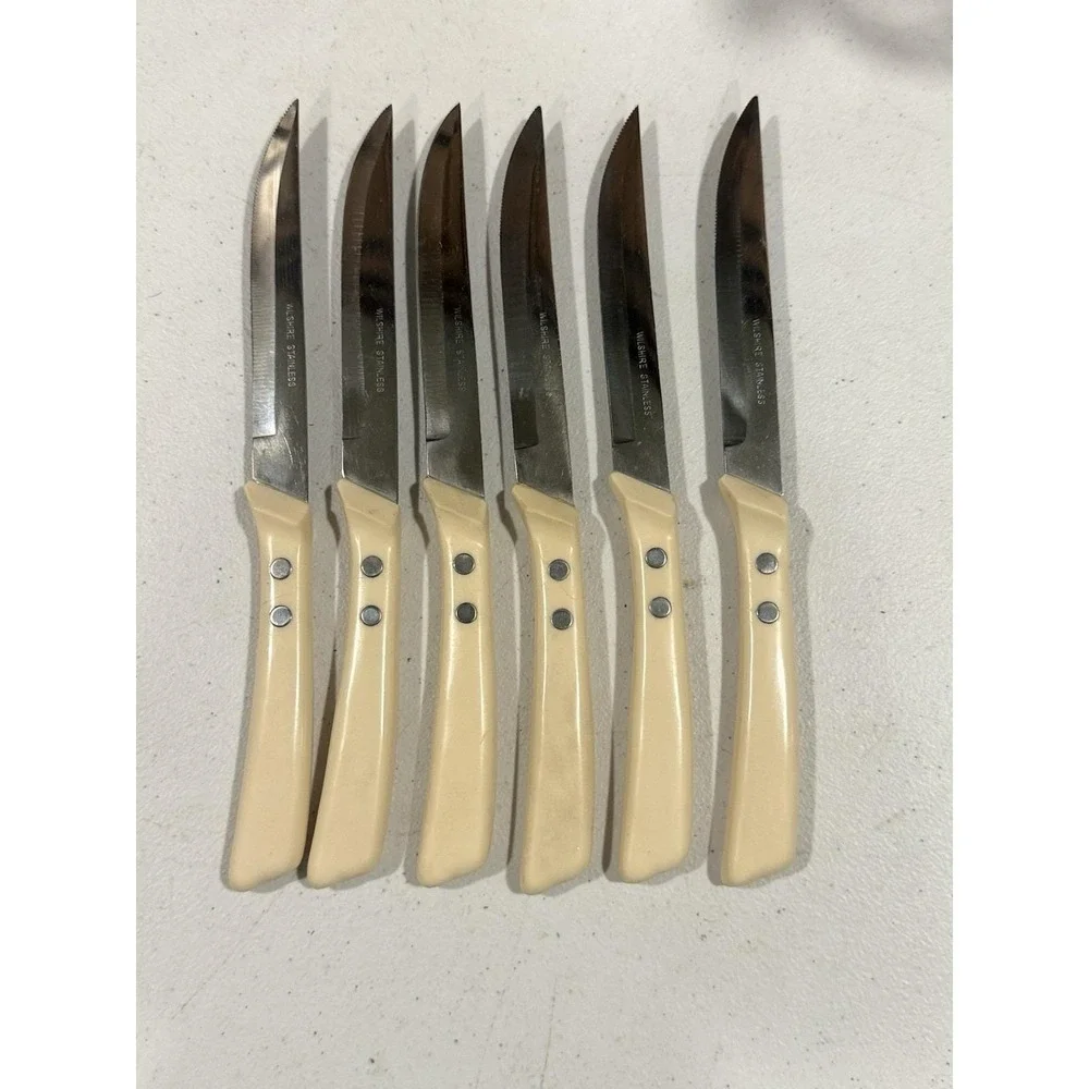 Vtg Japan Stainless Steel Steak Knife Set Of 6 W/ Wood Storage Tray & Box
